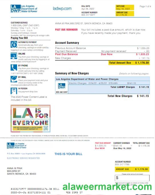 USA LA DWP utility bill Word and PDF template